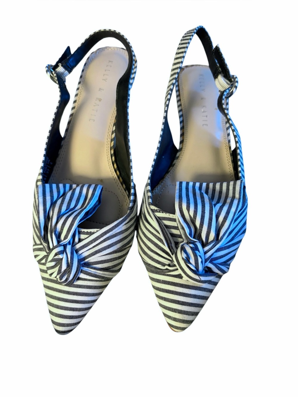 KELLY & KATIE Blue & White Striped Pointed Slingback Kitten Heels